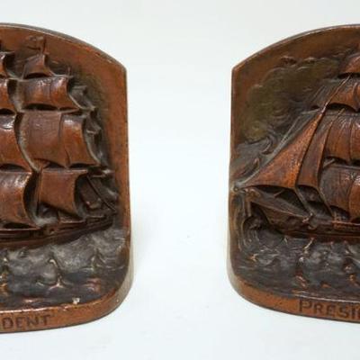 1002	PAIR CAST METAL SHIP BOOKENDS *PRESIDENT*, APPROXIMATELY 5 3/4 IN HIGH
