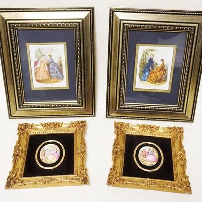1108	LOT OF 4 FRAMED FASHION PRINTS & OVAL PORCELAIN MEDALIONS IN COMPOSITE FRAMES, LARGEST APPROXIMATELY 10 IN X 12 IN
