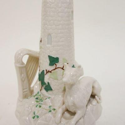 1058	BELLEEK IRISH CHINA, FIGURE OF CASTLE TOWER W/DOG & HARP, GREEN MARK, APPROXIMATELY 9 IN HIGH
