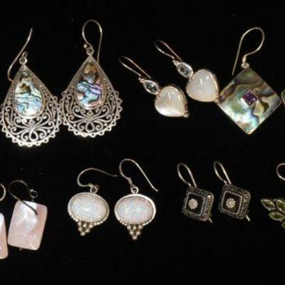 1307	LOT OF 10 PAIRS OF EARRINGS INCLUDES TURQUOISE, ABOLONE, MARCASITE, ETC, 2.103 OZT INCLUDING STONES
