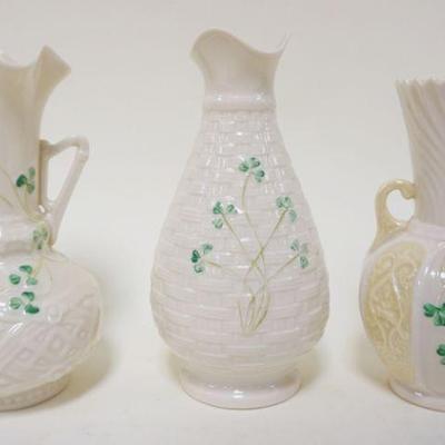 1056	BELLEEK IRISH CHINA, LOT OF 3 VASES, BROWN & GREEN MARKS, TALLEST APPROXIMATELY 7 IN
