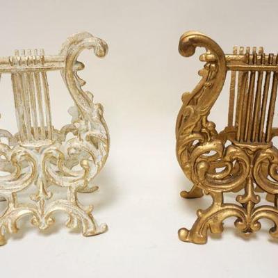 1097	PAIR OF CAST METAL LYRE HARP MAGAZINE, SHEET MUSIC HOLDERS, APPROXIMATELY 6 IN X 8 IN 11 IN HIGH
