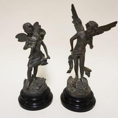 1026	PAIR OF VICTORIAN STYLE CAST METAL STATUES MOUNTED ON WOOD BASES, APPROXIMATELY 13 IN HIGH
