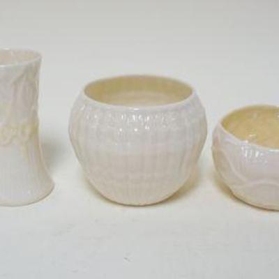 1041	BELLEEK IRISH CHINA, LOT OF 6 W/VASES, SMALL BOWLS & EGG CUP, GREEN & BROWN MARKS, LARGEST IS APPROXIMATELY 4 IN HIGH
