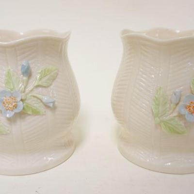 1063	DONGLE IRISH PARIAN CHINA, 2 VASES W/APPLIED FLOWERS, APPROXIMATELY 4 1/4 IN HIGH
