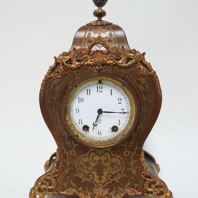 1033	SETH THOMAS VICTORIAN MANTLE CLOCK, CASE HAVING BRASS INLAY, APPROXIMATELY 5 IN X 10 1/2 IN X 17 IN HIGH
