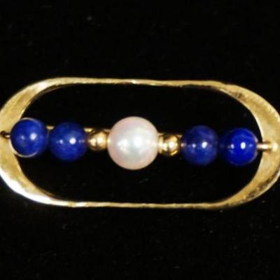 1206	14KT YELLOW GOLD BROOCH CONTAINING ONE CULTURED AKOYA PEARL & 4 BLUE LAPIS BEADS
