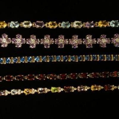 1237	LOT OF 5 STERLING SILVER BRACELETS W/COLORFUL GEMSTONES, LONGEST APPROXIMATELY 8 IN, 2.588 OZT INCLUDING STONES
