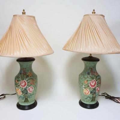 1075	PAIR OF POTTERY TABLE LAMPS W/FLORAL DECORATIONS, APPROXIMATELY 30 IN
