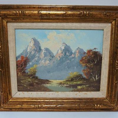 1083	OIL PAINTING ON CANVAS OF MOUNTAIN SIDE, SIGNED, APPROXIMATELY 14 IN X 17 IN OVERALL
