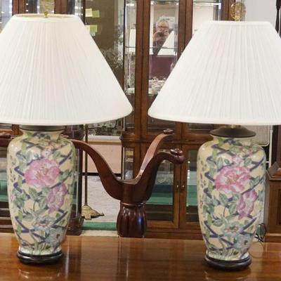 1101	PAIR OF FLORAL POTTERY TABLE LAMPS, APPROXIMATELY 30 IN HIGH
