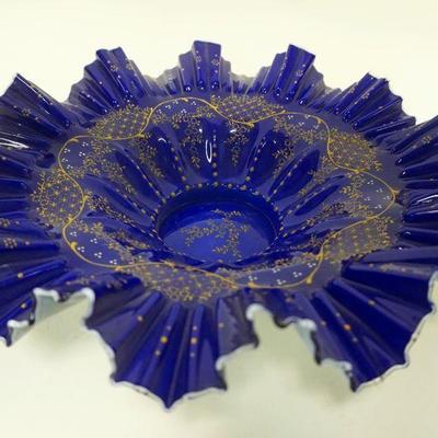 1070	VICTORIAN CASED GLASS COBALT DISH, RUFFLED EDGE W/HAND PAINTED FLORAL & VINE ACCENTS, APPROXIMATELY 14 IN X 4 IN HIGH
