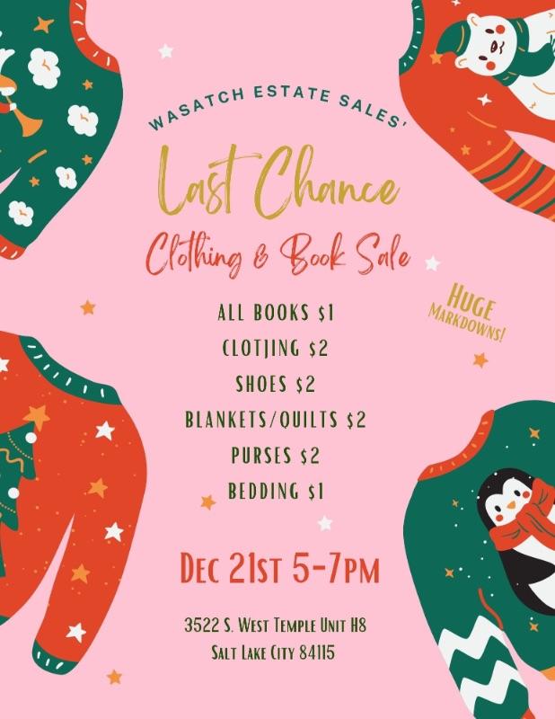 Wasatch Estate Sales' *LAST CHANCE* InPerson Sale! All Books 1 and Clothing + Shoes 2