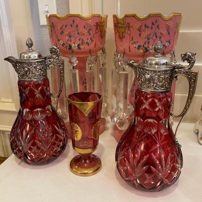 PRETTY ANTIQUE CUT TO CLEAR GOLD CRANBERRY STERLING PITCHERS 