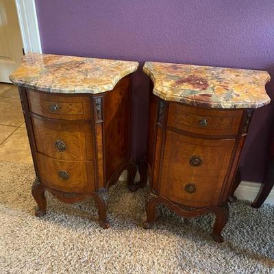PAIR OF FRENCH BURL MARBLE TOPPED DRESSERS