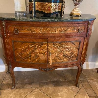 VERY NICE DECORATED FRENCH MARBLE TOP ANTIQUE CABINET