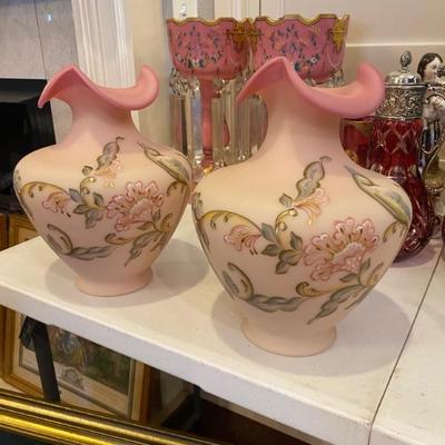 LOVELY PINK HANDPAINTED ANTIQUE SATIN GLASS VASE PAIR. EXTREMELY NICE