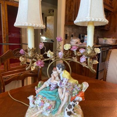 VERY COLORFUL DETAILED MEISSEN DRESEN GILT CANDLE HOLDERS WITH FIGURINES