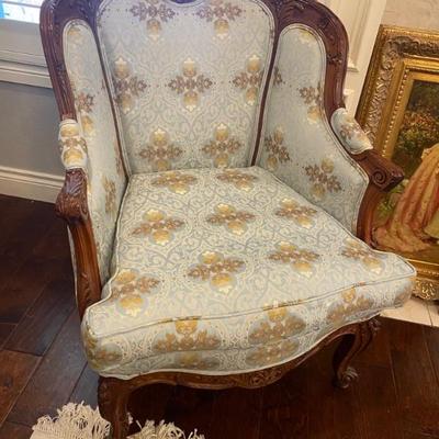 LOVELY LIGHT BLUE & GOLD UPHOLSTERED ANTIQUE CARVED CHAIR