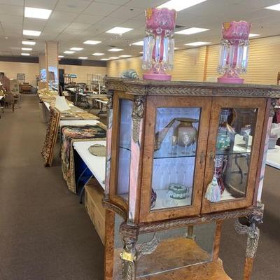 Nice Antique French Glass China Cabinet & Pink Hand Painted Crystal Lustres