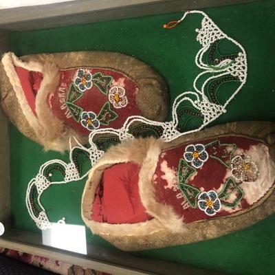 Vintage Alaskan Mocassins in Glass Case. 