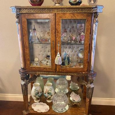 ANTIQUE CARVED FRENCH GILD CHINA CABINETS & EXQUISITE ANTIQUE PERFUME BOTTLE COLLECTION