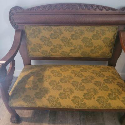 vintage love seat, wood and fabric