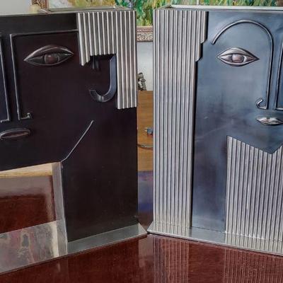 Pair of Art Deco Franz Hagenauer sculptural face chrome, nickel & copper vases or umbrella stands ? Measures approx. 21