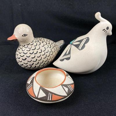  Acoma Pueblo Pottery- Bird, Quail, and Miniature Bowl