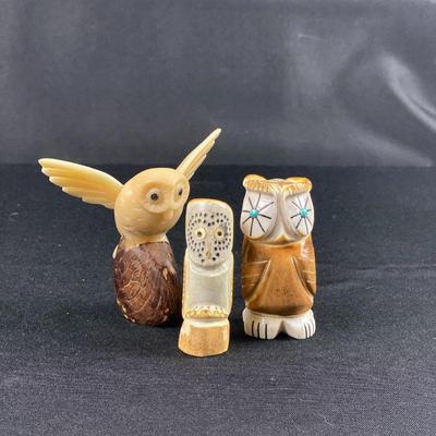 Three Small Hand Carved Zuni Antler and Tagua Nut Owl Fetishes