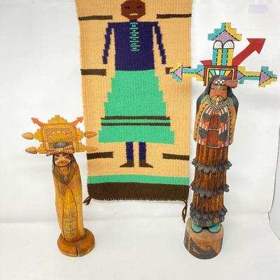 Tyson Nequatew Carved Butterfly Maiden, M. Calnimptewa Shalako Kachina Doll, Hopi Woven Pictorial Textile