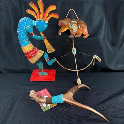  Native American Lot of Handcrafted Copper Bear Art, Hand Painted Kokopelli, and Decorated Antler