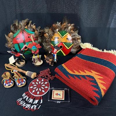 Native American Folk Art Lot- Feathered Gourd Masks, Beaded Medallion, Navajo Sampler Rug & More