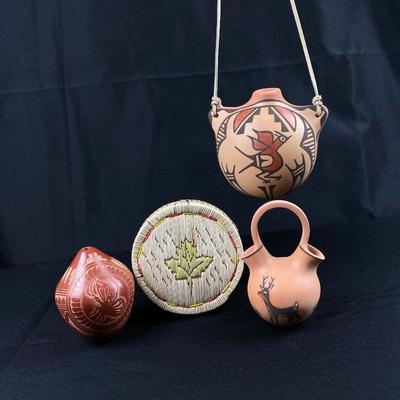  Native American Lot- Porcupine Quill Box, Polychrome Hanging Canteen, Mini Wedding Vase