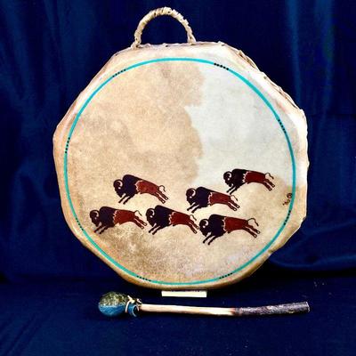 16â€ Taos Double Sided Rawhide Drum w/ Hand Painted Buffalo