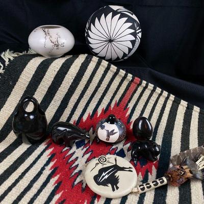  Native American Lot of Lovelies - Stripped Rug, Horsehair Pottery, Black-Ware Pottery & More