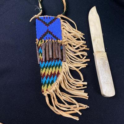 Native American Beaded Sheath and Carved Bone Decorative Knife