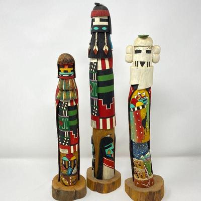 Andy Rickey Set of 3 Carved Hopi Maidens- Long Hair, Harvest, Snow