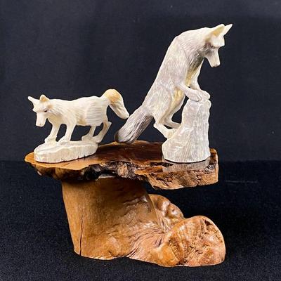 Pair of Wolf Antler Carvings by Zuni Artist Lewis Malie and Carved Burl Wood Stand