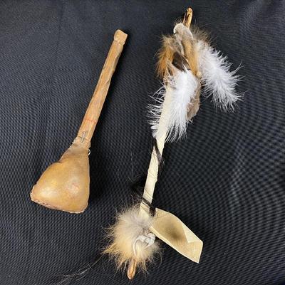  Vintage Handmade Ceremonial Wand and Rawhide Rattle