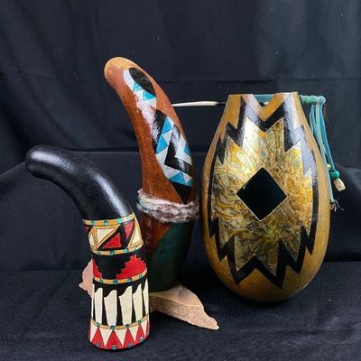  3 pc. Native American Hand-painted Gourd Art by Kathy Neve