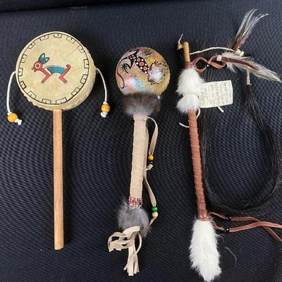 Handmade Native American Drum, Rattle, and Ceremonial Wand