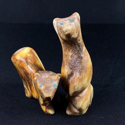 Pair of Andres Quam Antler Carved Bears w/ Turquoise Inlay Eyes