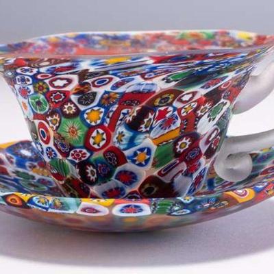 WAC006 Handblown Murano Millefiori Mosiac Glass Tea Cup and Saucer 