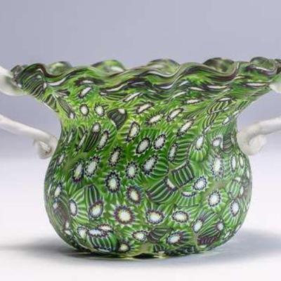 WAC005 Green and White Handblown Murano Millefiori Art Glass Scalloped Edge Vase w/Handles 