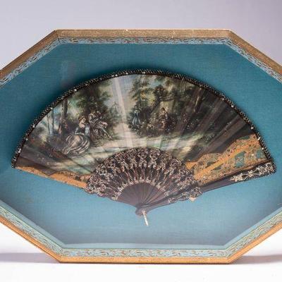 WAC076 Antique Hand Decorated Silk Fan in Custom Made Presentation Case 
