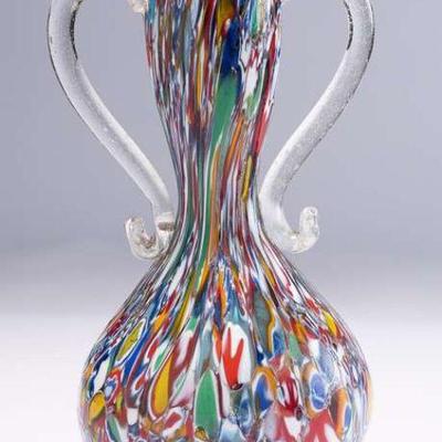 WAC008 Handblown Murano Millefiori Art Glass Vase w/Handles 
