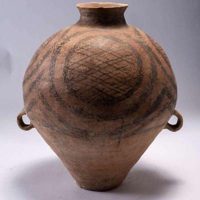 WAC066 Very Rare Larger Neolithic Chinese Painted Pottery Vessel Circle/Diamond Pattern 