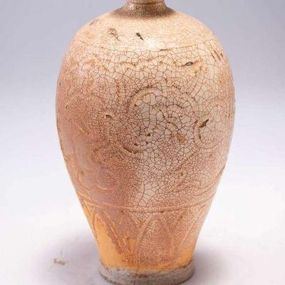WAC054 Sung Dynasty Carved Pottery Crackle Glaze Vase 