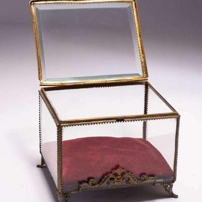 WAC043 Antique French Beveled Glass & Brass Display Case w/Pillow 